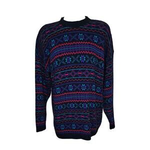 Cuddle Knit Vintage Black Multicolor Sweater Patterned Made In USA Size Petite M